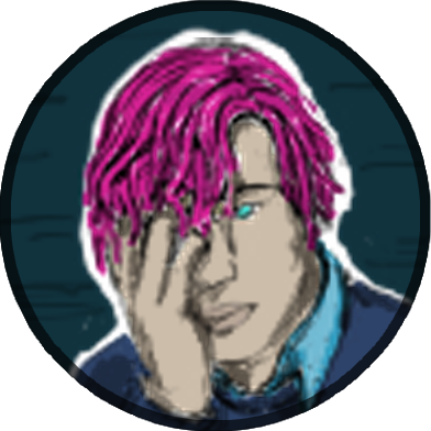 Pixelated illustration of man with pink hair, one hand covering half his face